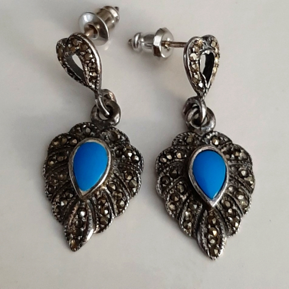Lotus & Heart Turqouise & Marcasite Gemstones Set in Sterling Silver, India